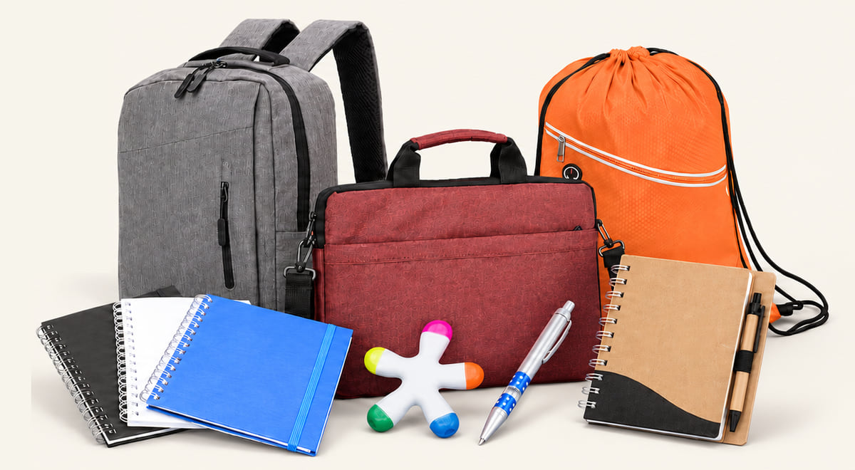 Materiais escolares personalizáveis: mochila cinza, pasta bordô para notebook, sacochila laranja, cadernos espiral, caderno kraft com caneta, caneta e marca-texto de cinco cores.